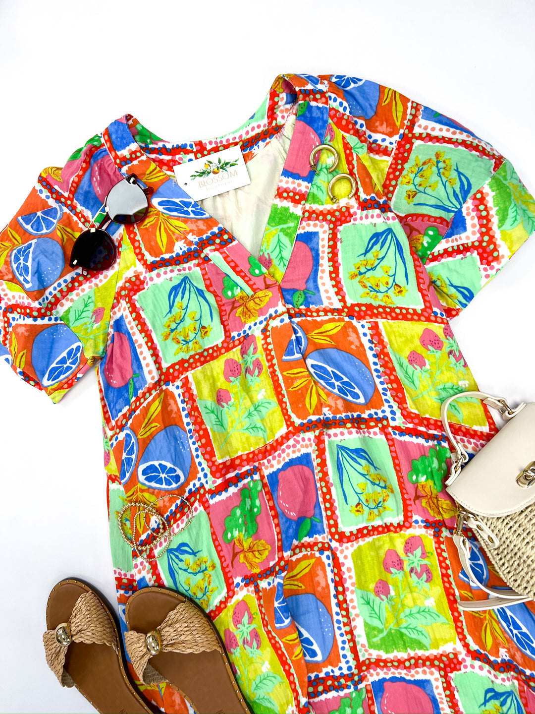 Fruit Gauze Vneck Maxi Dress