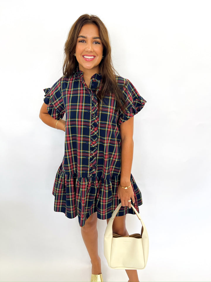 Traditional Navy Plaid Ruffle Dress