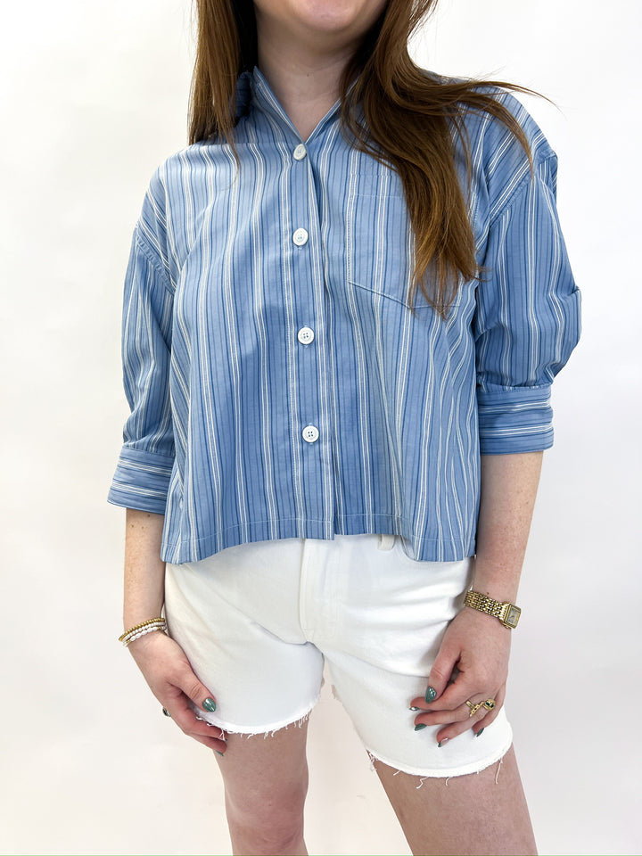 Blue Striped Cropped Collared Shirt