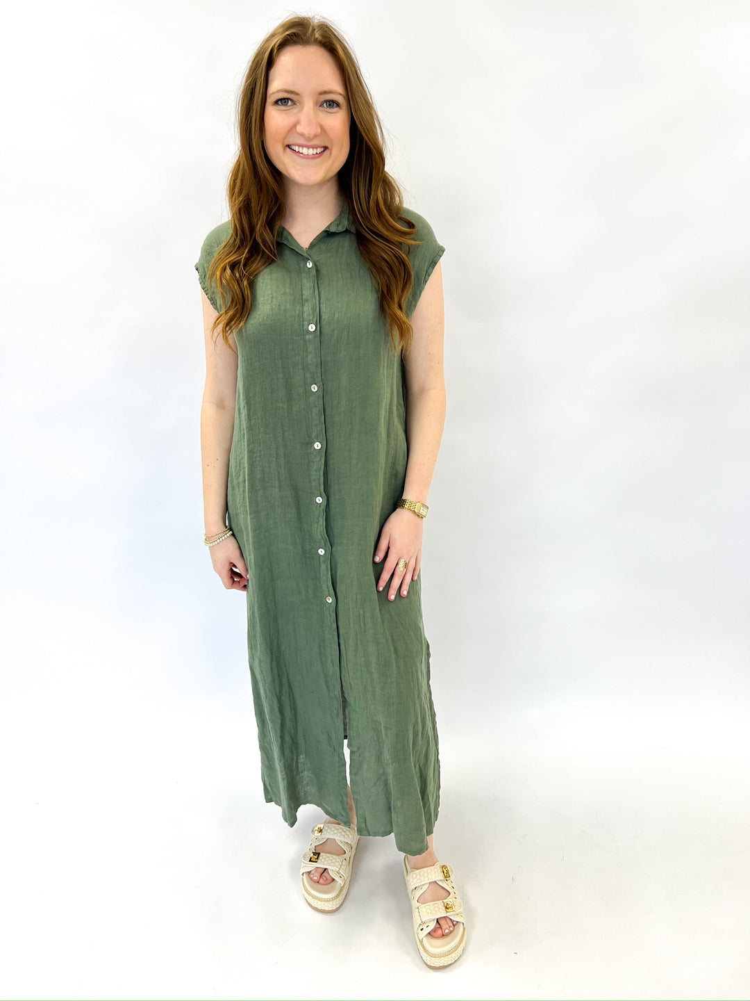Army Green Crinkle Linen Shirt Dress