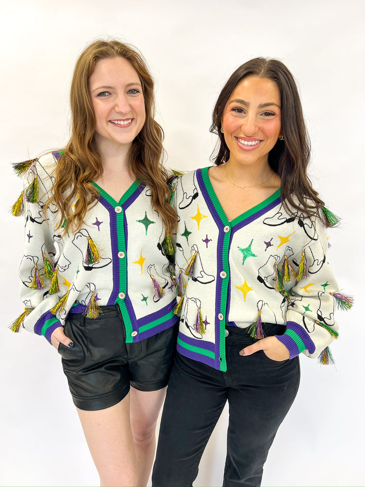 Mardi Gras Boots & Tinsel Cardigan