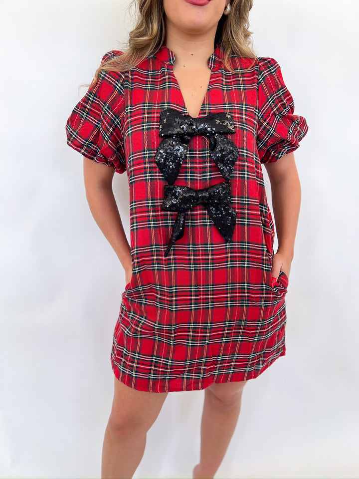 Red Plaid Sequin Bow Dress