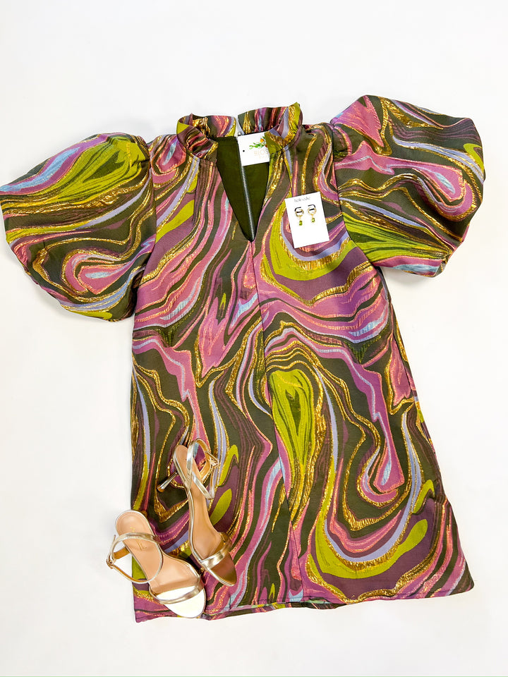 Abstract Swirl Puff Sleeve Dress