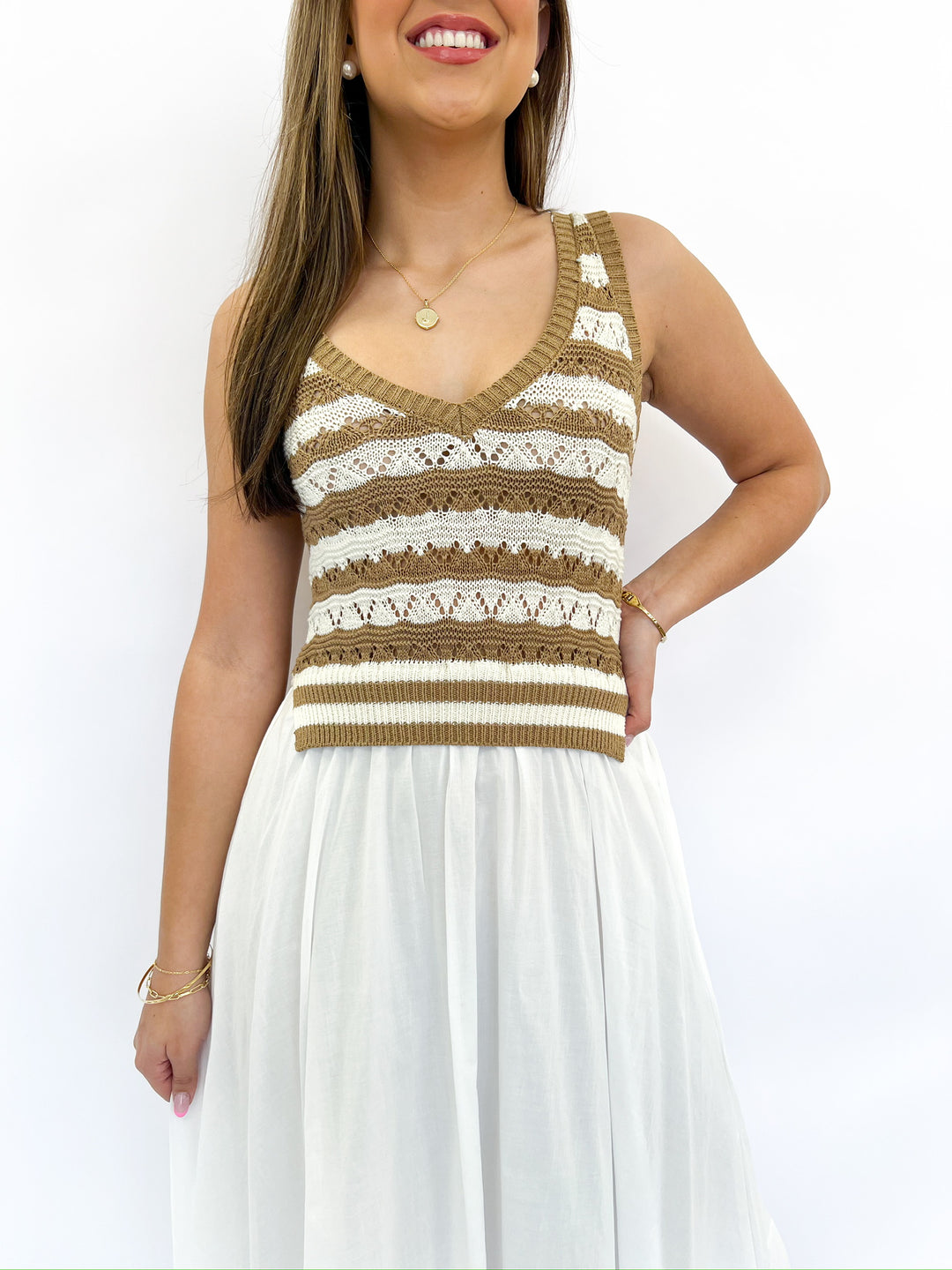 White and Tan Striped Combo Midi Dress