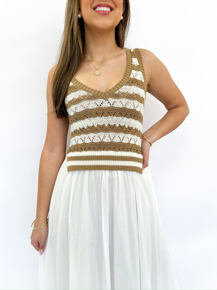 White and Tan Striped Combo Midi Dress
