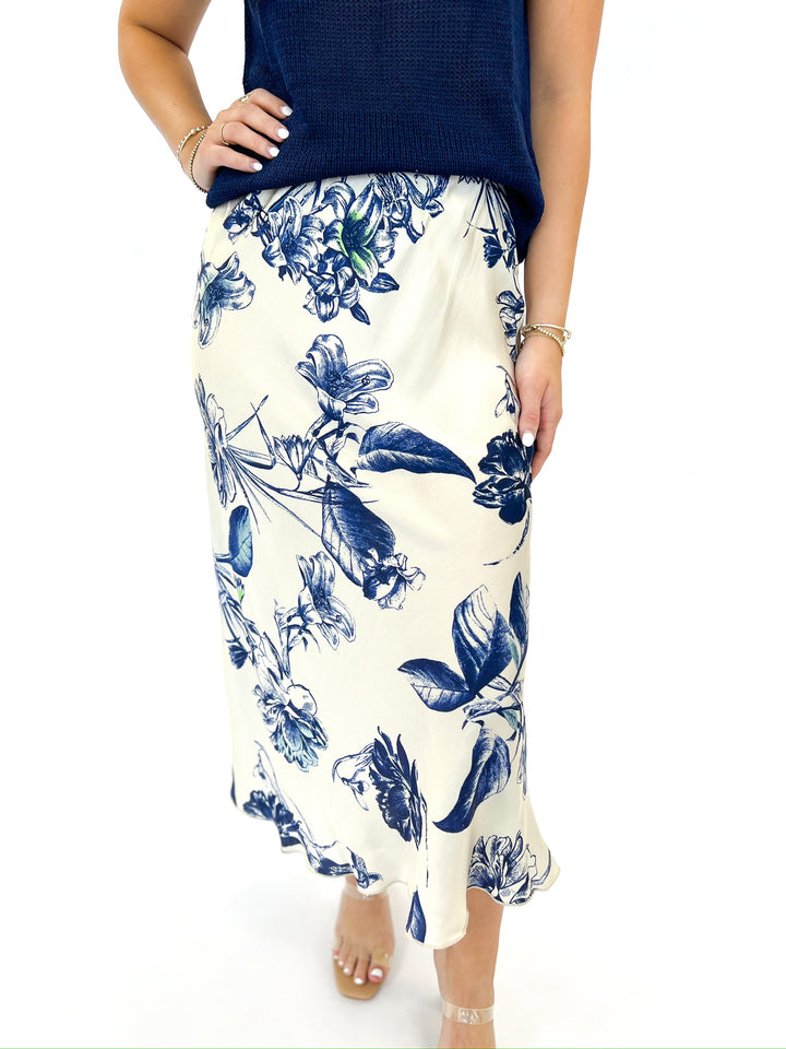 Beige Garden Floral Midi Skirt
