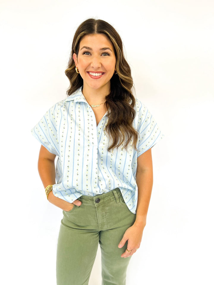 Blue Floral RIbbon Collar Top