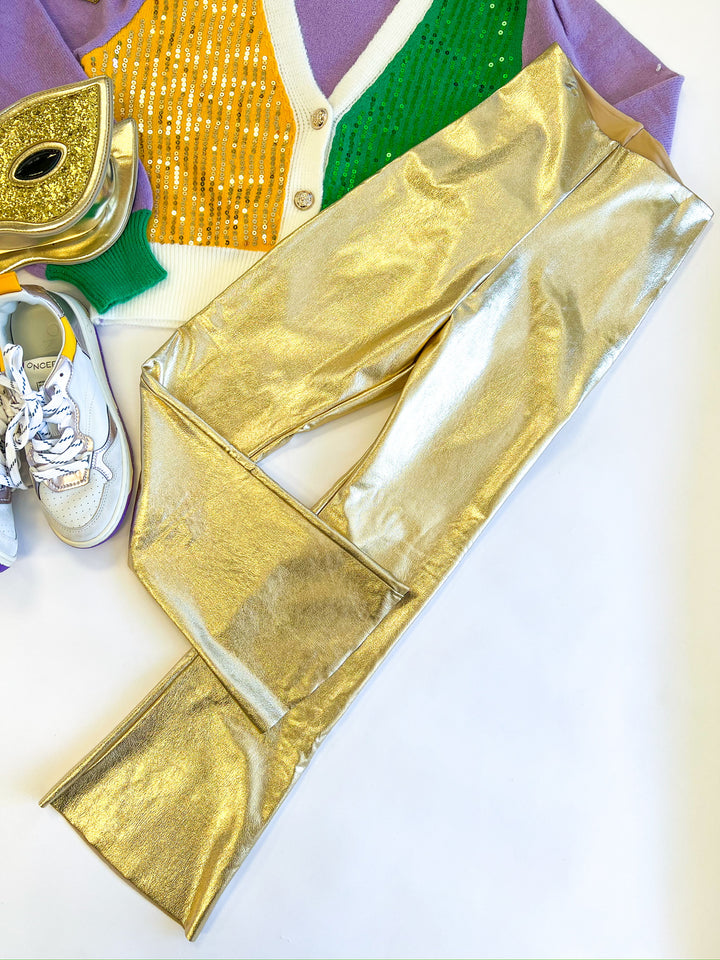 Gold Leaf Cropped Flare Faux Leather Leggings