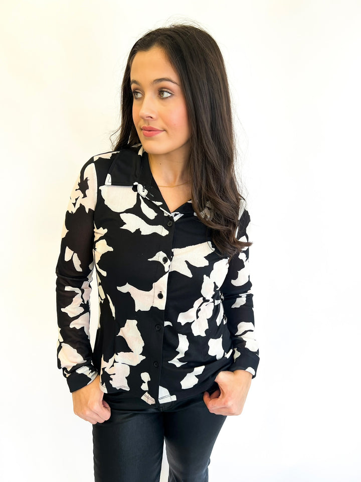 Petal Whisper Mesh Button Down