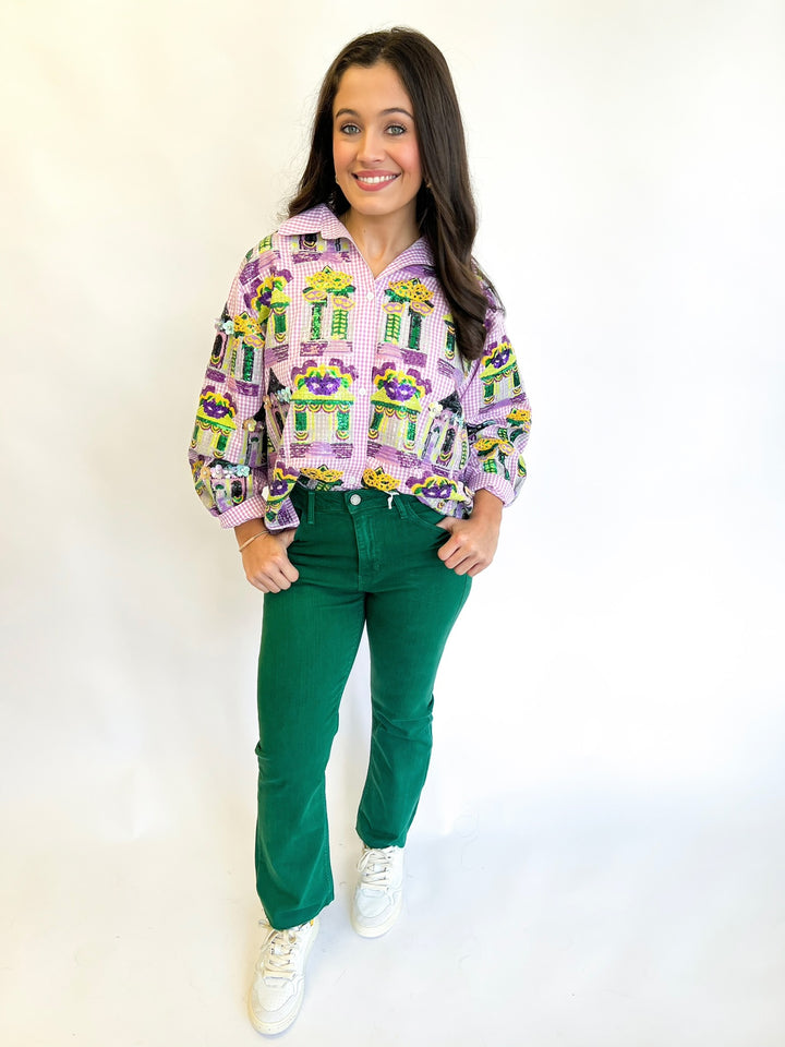 Green High Rise Tonal Crop Flare Denim