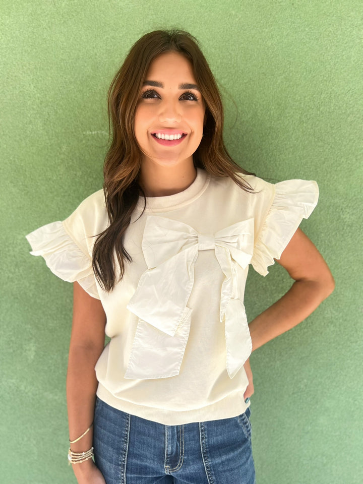 Contrast Ribbon Ruffle Sleeve Sweat Top