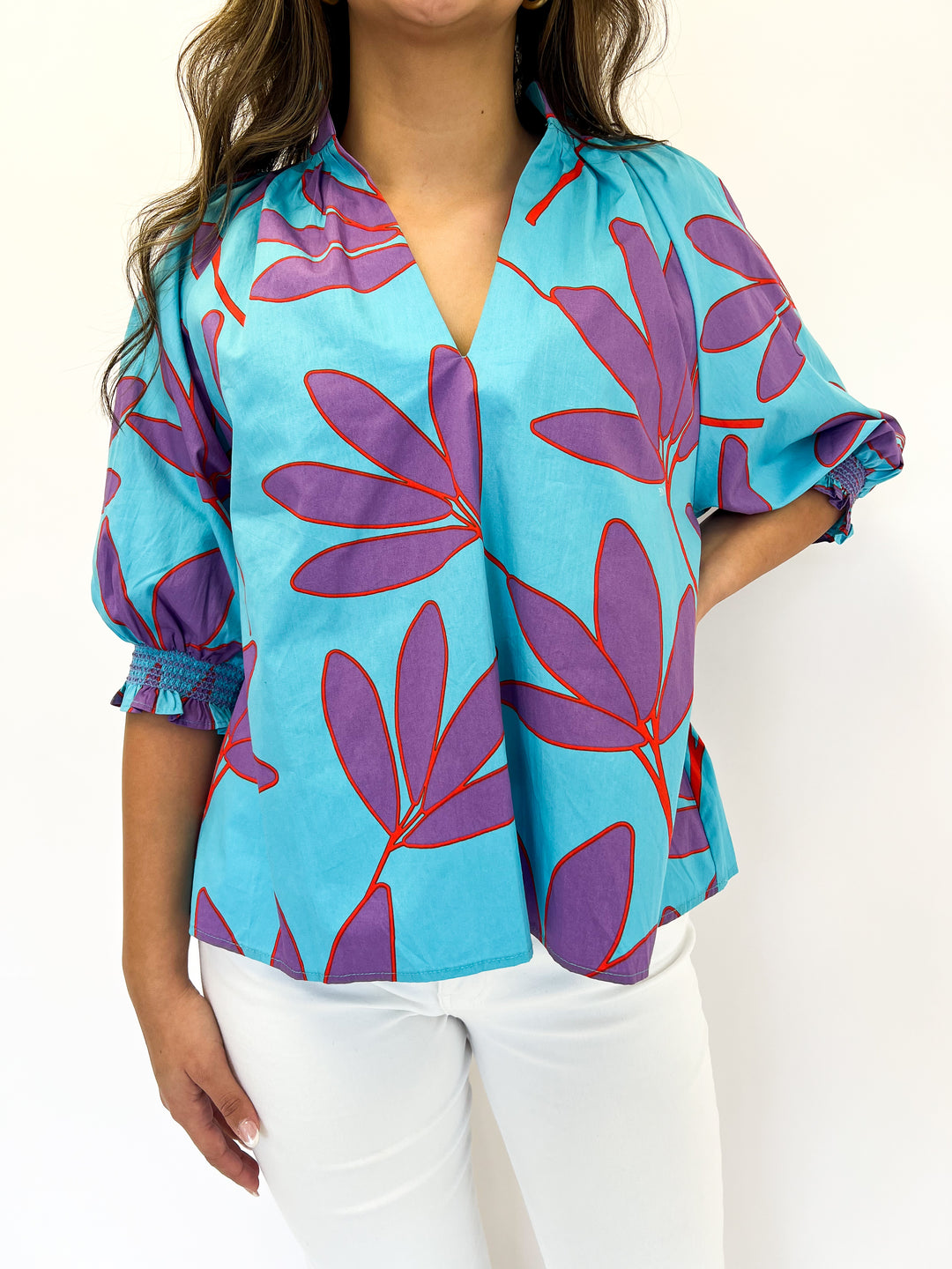 Abstract Leaf Puff Slv Top