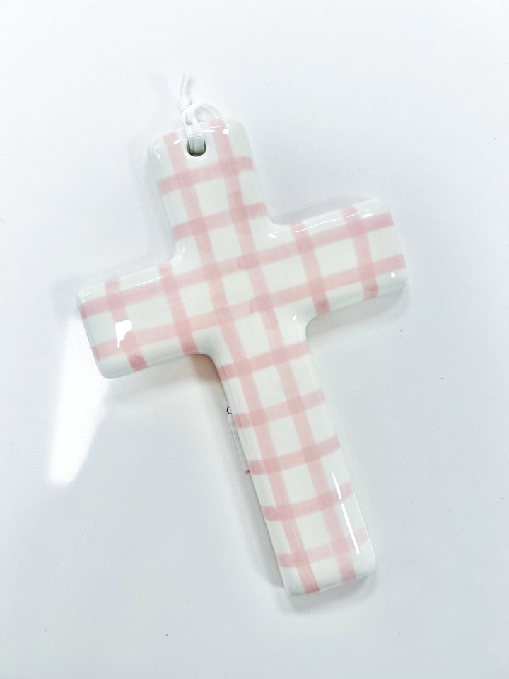 Pink Gingham Ceramic Cross