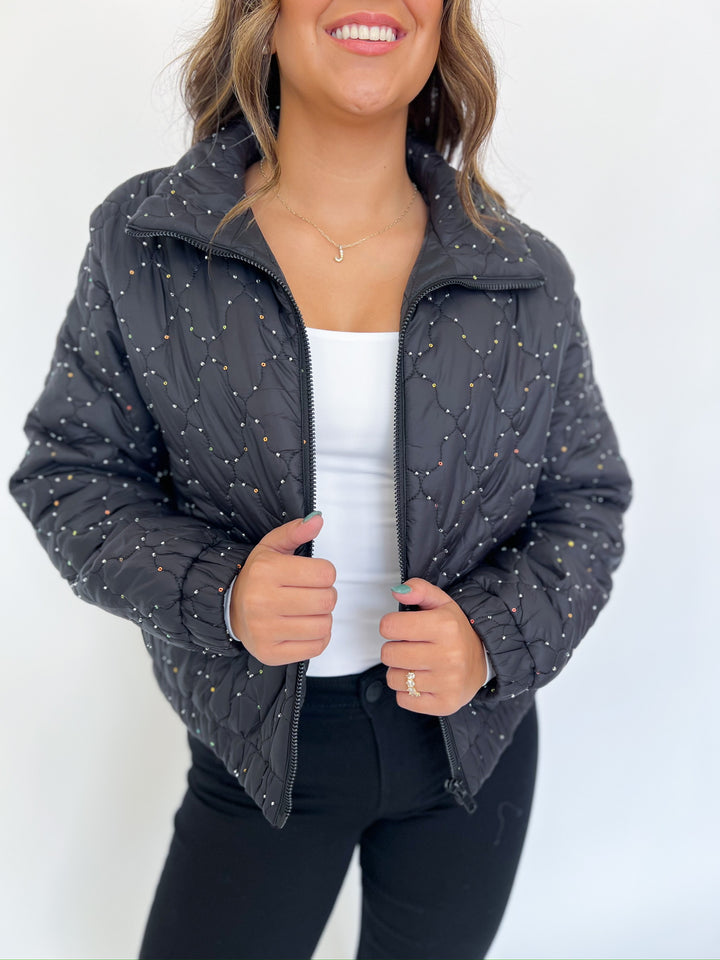 Black Sequin Trimmed Puffer Jacket