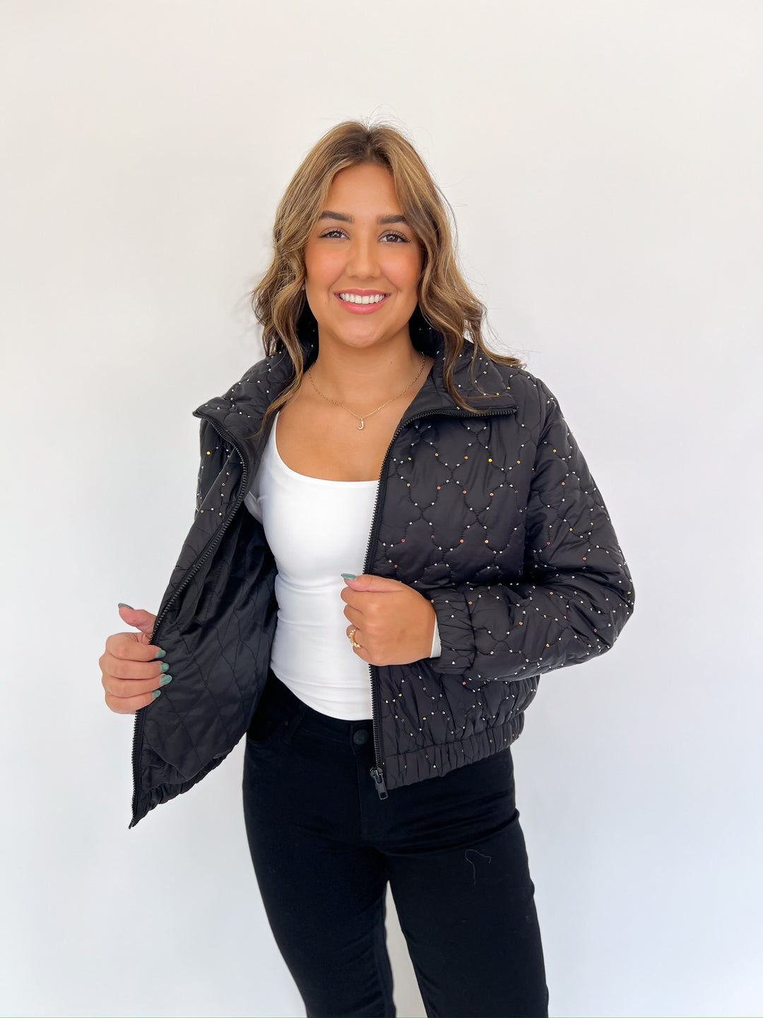 Black Sequin Trimmed Puffer Jacket