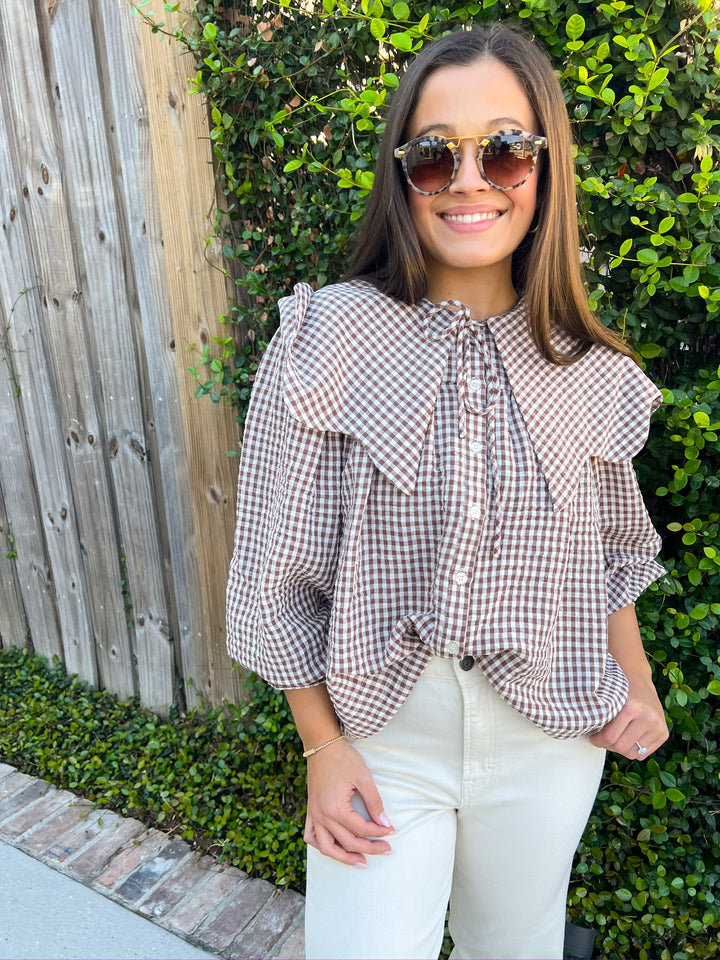 Brown Gingham Peter Pan Collar Blouse