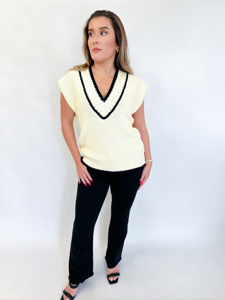 Cream Black Trim Sweater Vest