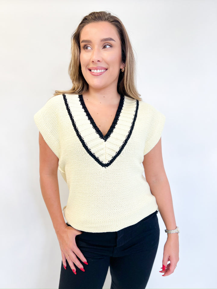 Cream Black Trim Sweater Vest