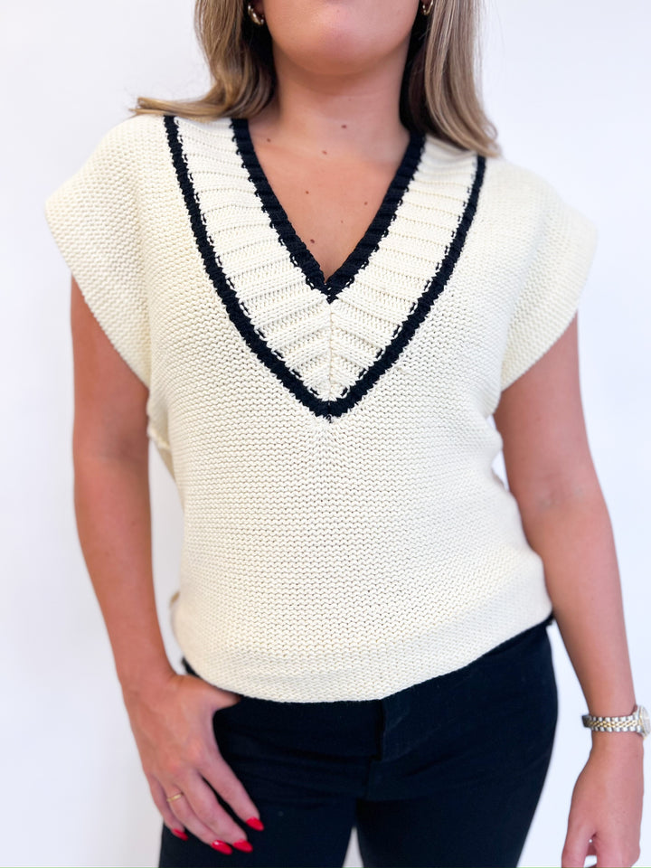 Cream Black Trim Sweater Vest