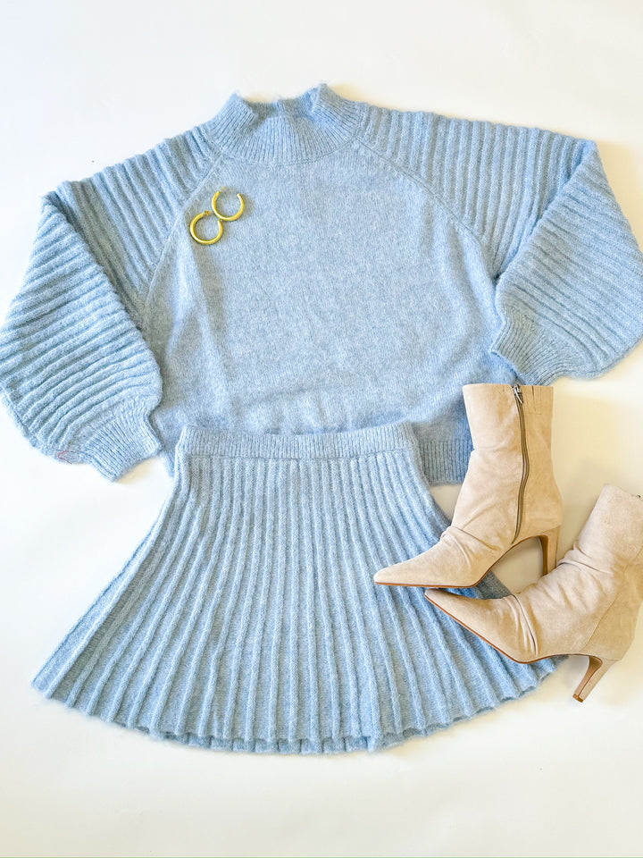 Blue Gabrielle Balloon Sleeve Knit Sweater Skirt Set