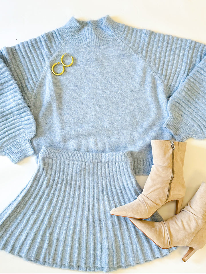 Blue Gabrielle Balloon Sleeve Knit Sweater Skirt Set