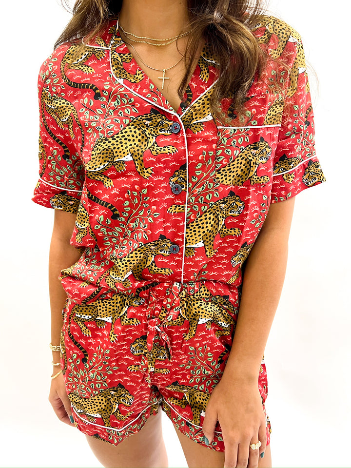 Scarlet Leopard Satin Pajama Short Set