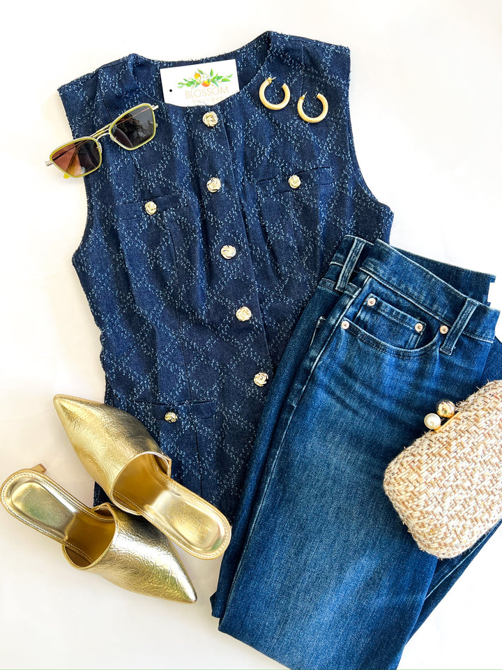 Gold Buttoned Detailed Denim Vest