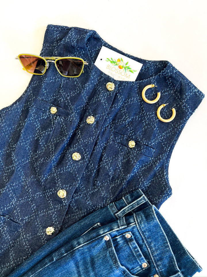 Gold Buttoned Detailed Denim Vest