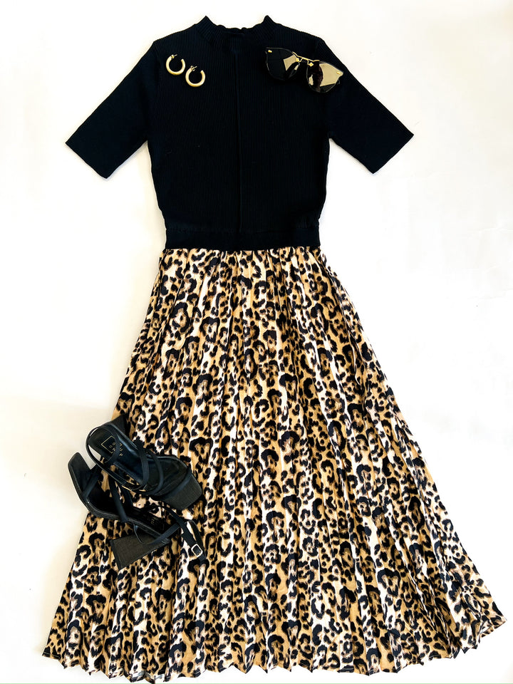 Black Leopard Mix Midi Dress
