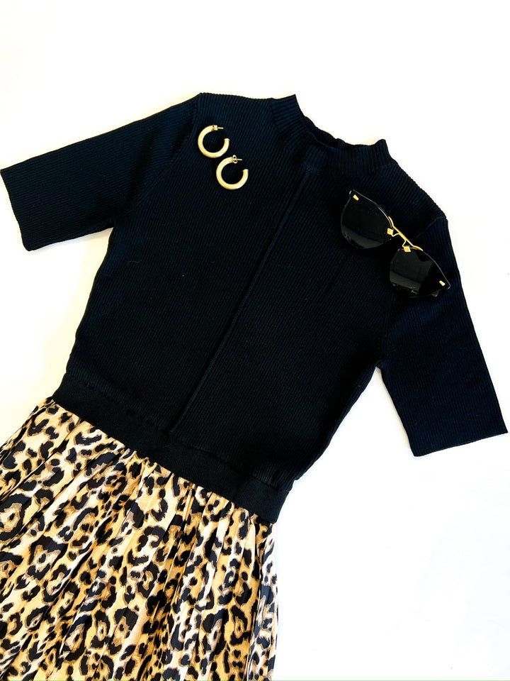 Black Leopard Mix Midi Dress