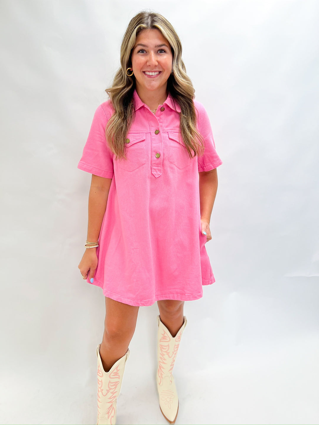 Preppy Pink Denim Shirt Dress