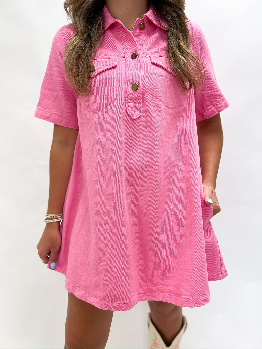 Preppy Pink Denim Shirt Dress