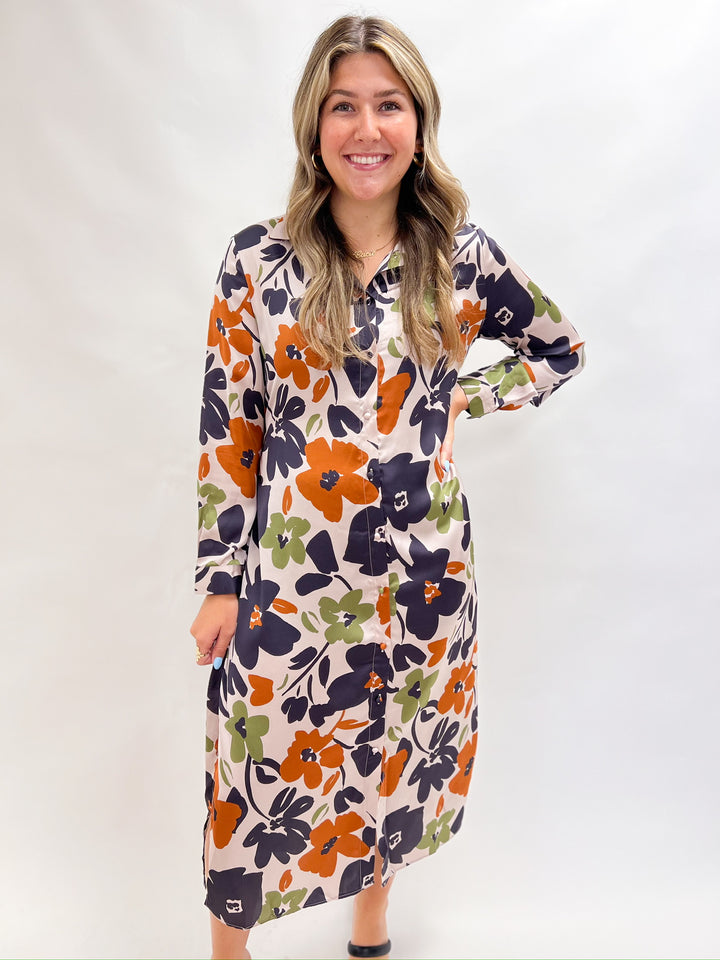 Fall Forward Floral Satin Dress