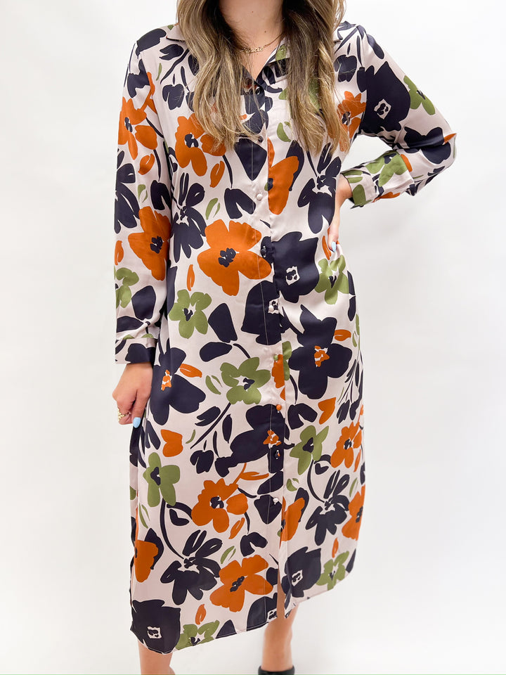 Fall Forward Floral Satin Dress