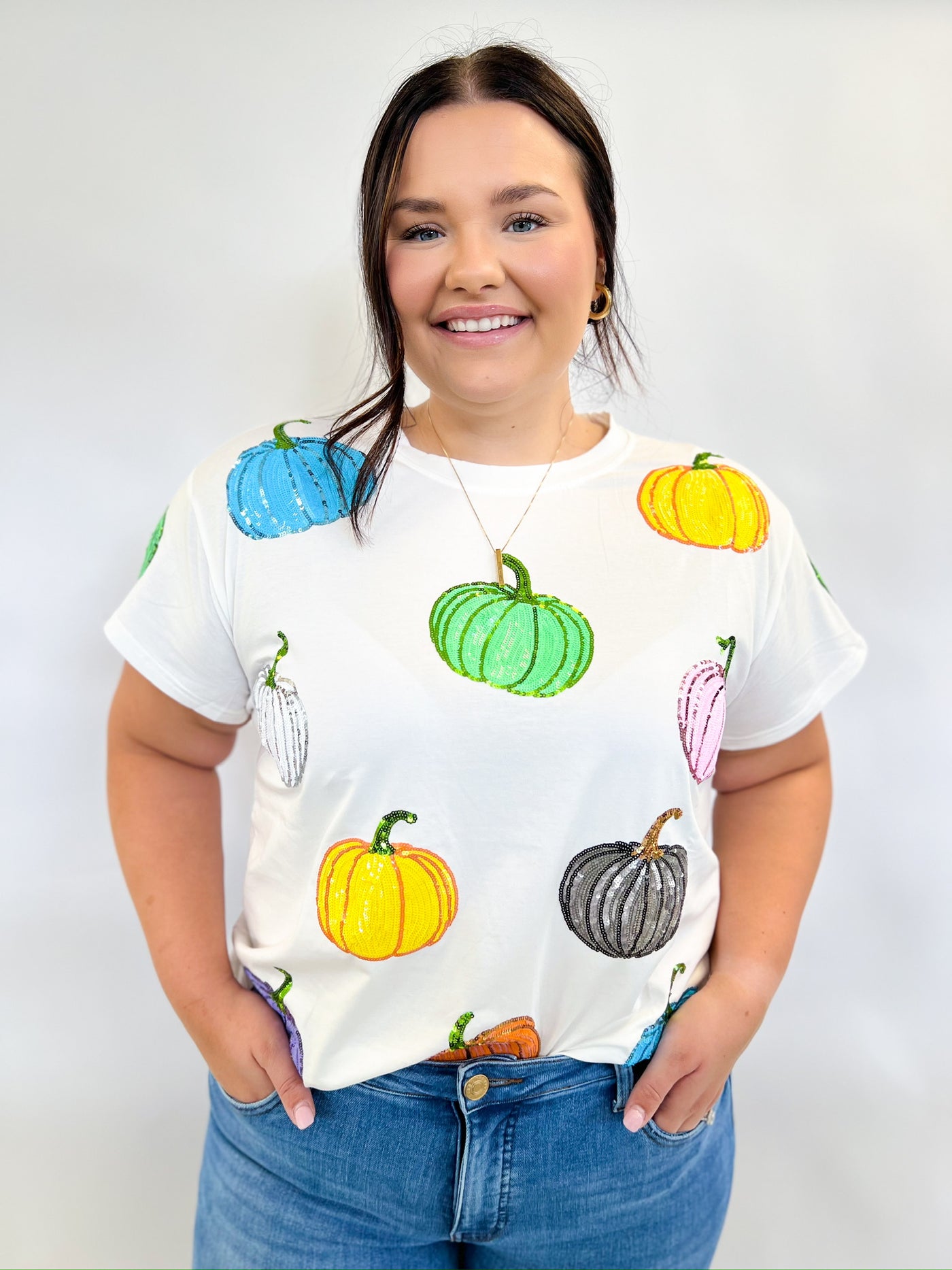 White Multi-Colored Sequin Pumpkin Tee