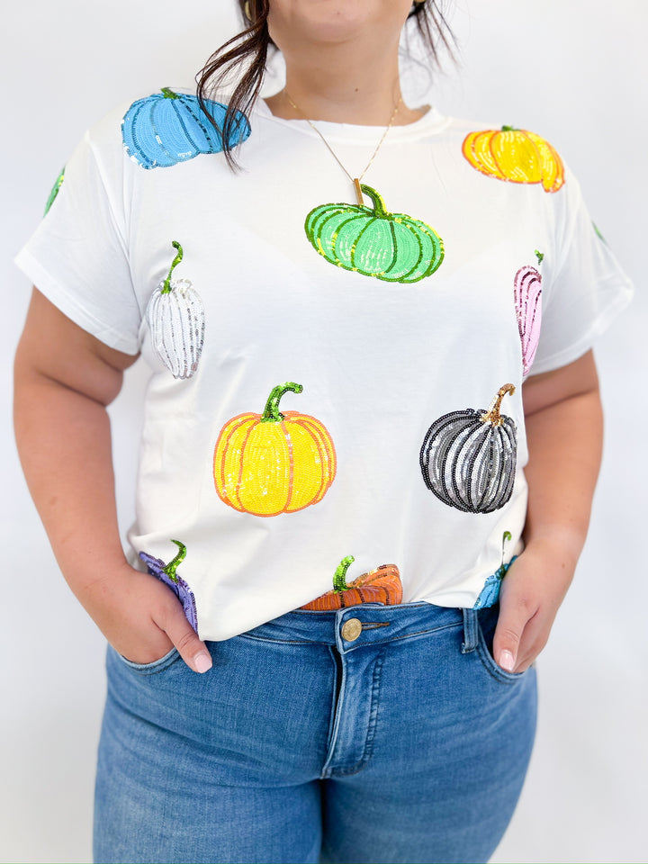 White Multi-Colored Sequin Pumpkin Tee