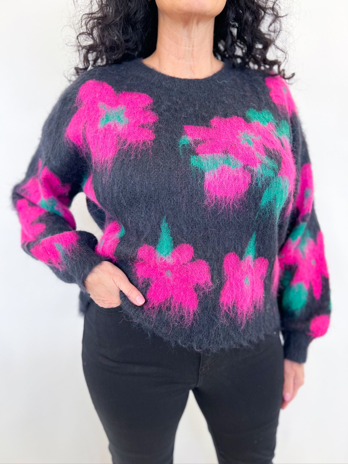 Fuchsia Floral Distressed Sweater