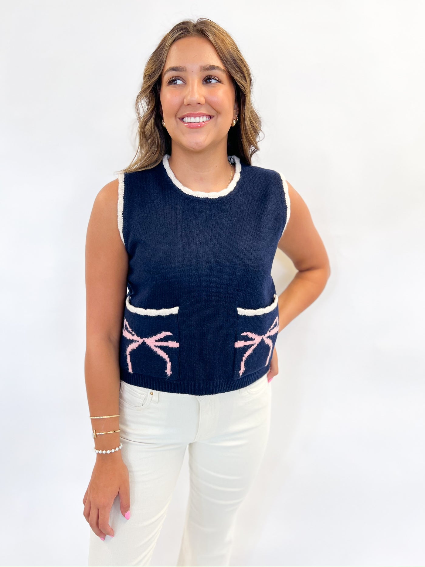 Bow Pocketed Navy Sweater