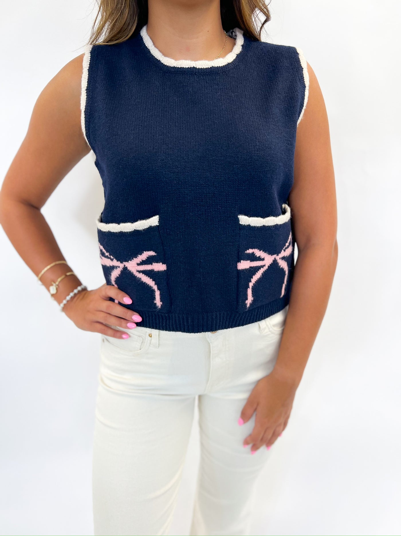 Bow Pocketed Navy Sweater