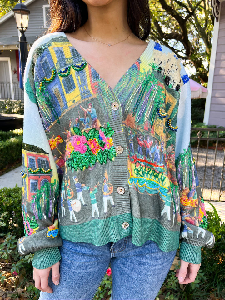 Mardi Gras Parade Scene Cardigan