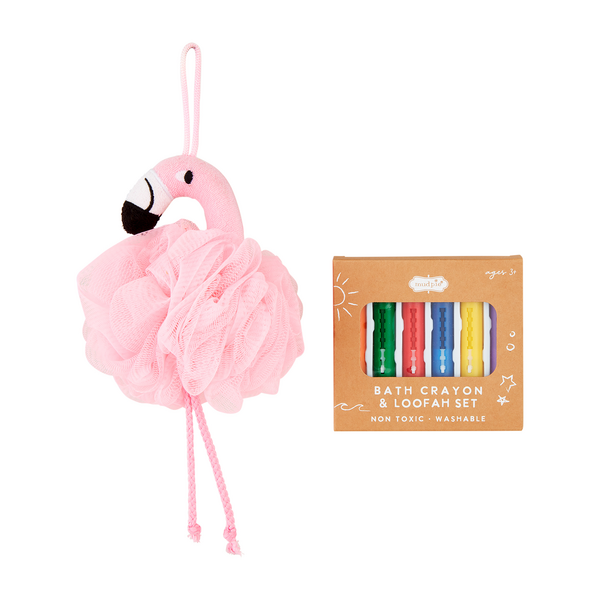 Flamingo Loofah w/ Bath Crayons